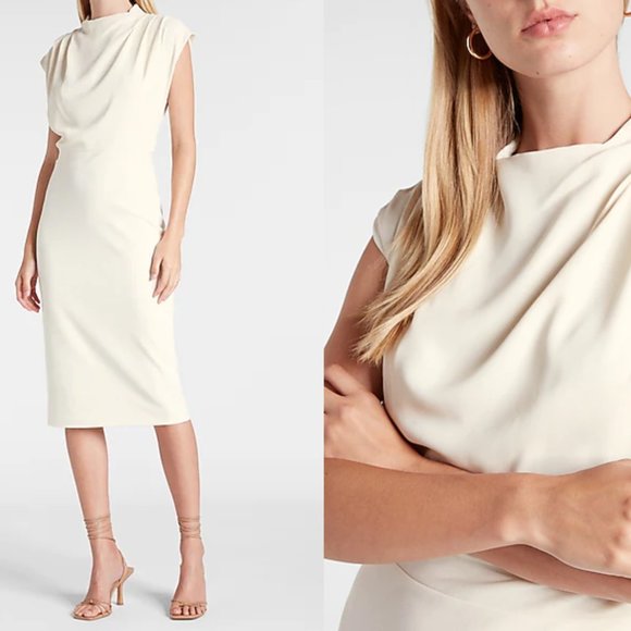 EXPRESS Ivory Draped Mock Neck Midi Sheath Dress - Picture 1 of 5